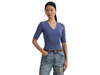 Lauren Ralph Lauren Stretch Cotton Elbow-Sleeve V-Neck T-Shirts Womens T Shirt Capri Blue : XS, Cotton/Elastane