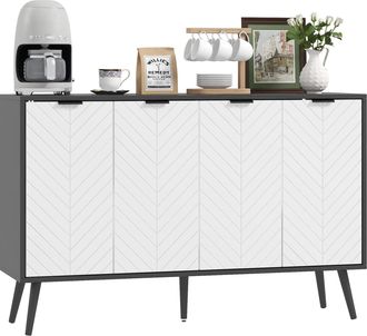 HOMCOM Homcom Aparador De 4 Puertas, Aparador De Sal&oacute;n Con Estantes Ajustables, Patas De Madera, Patr&oacute;n Espiga, Para Cocina, Blanco Y Negro, 120x35x77,4 Cm