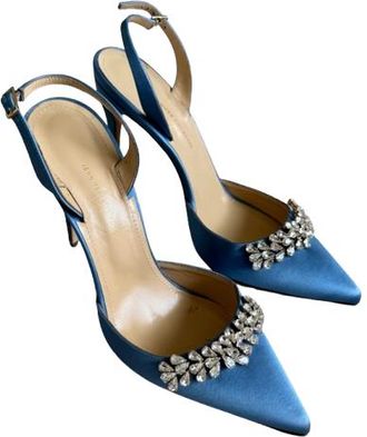 Jennifer Chamandi Embellished Light Blue Satin Slingback Sandals Size 39.5
