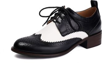 Generic Womens Low Block Heel Vintage Brogues Lace Up Smart Shoes Pointed Toe PU Leather Oxford Shoes,Black,6.5 UK