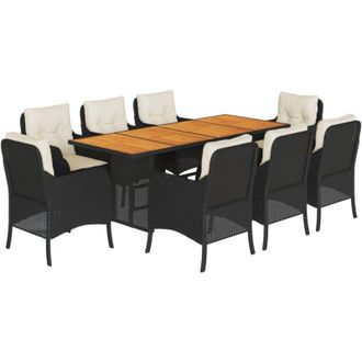 vidaXL Set De Comedor De Jard&iacute;n 9 Pzas Y Cojines Rat&aacute;n Sint&eacute;tico Negro Vidaxl