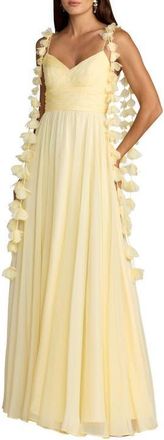 Mac Duggal Floral Spaghetti Strap A Line Chiffon Gown in Butter at Nordstrom, Size 14