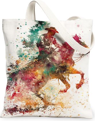 Generic Artistic Vintage Horse Canvas Tote Bags, Colorful Western Cowboy Design Reusable Grocery Bags, Lightweight Washable Shoulde, Multicolor, 13x15 Inch
