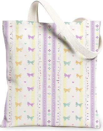 Generic Spring Floral Canvas Tote Bags, Colorful Bow Pattern Reusable Grocery Bags, Lightweight Washable Shoulder Strap Canvas for, Violet, 13x15 Inch