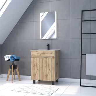 Aurlane Aurlane - Muebles De Ba&ntilde;o 60x80 - Acabado De Roble Natural - Cuenca Blanca + Espejo Led - Madera 60
