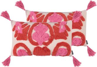 Beliani Conjunto De 2 Cojines Decorativos De Algod&oacute;n Con Borlas Rosas Rectangular Rojo Y Rosa 30 X 50 Cm Fraksinus