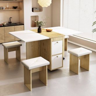 Merax 120cm Folding Drop Leaf Dining Table Set with 4 Upholstered Stools in White