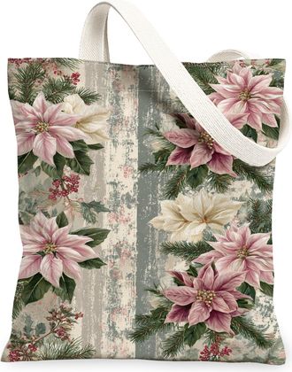 Generic Winter Floral Canvas Tote Bags, Elegant Poinsettia Design Reusable Shopping Bags, Rustic Lightweight Washable Shoulder Stra, Peach, 13x15 Inch