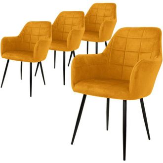 ML Design Ecd Germany Set di 4 Sedie Sala da Pranzo con Schienale e Braccioli Ocra Giallo Senape Poltrone Soggiorno Cucina con Rivestimento in Velluto e Gambe