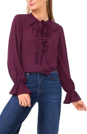 CeCe by Cynthia Steffe Ruffle Neck Button-Up Georgette Shirt in Potent Purple at Nordstrom Rack, Size X-Small