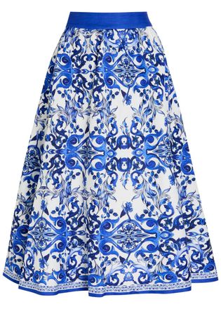 Alice & Olivia Earla Printed Linen-blend Midi Skirt - Blue And White - 12 (UK16 / XL)
