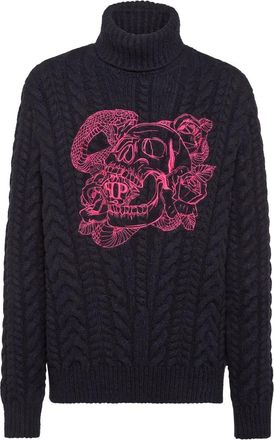Philipp Plein Wool Comfort Cable Knit Turtleneck LS Skull - Heren - Coltruien - Blauw - XL - Wol - Truien & Vesten