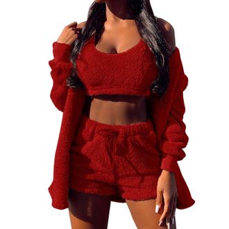 Generic Women 2 Piece Pajamas Shorts Set Ribbed Knit - Womens 3 Piece Plush Casual Solid Color Drawstring Plush Vest Shorts Coat Three Piece Suit Tracksuit Ca