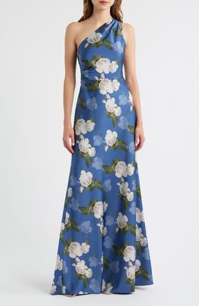 Sachin & Babi Delphine Floral Print One-Shoulder Gown in Washed Indigo Blooms at Nordstrom, Size 14