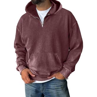 Generic Quarter Zip Pullover Sweatshirts for Men Acid Washed Hoodies Casual Long Sleeve Hoody Tops Fall Winter Distressed Hooded Sweatshirts Wine