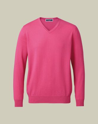 CHARLES TYRWHITT Merino V-Neck Wool Jumper - Bright Pink Size Medium by Charles Tyrwhitt