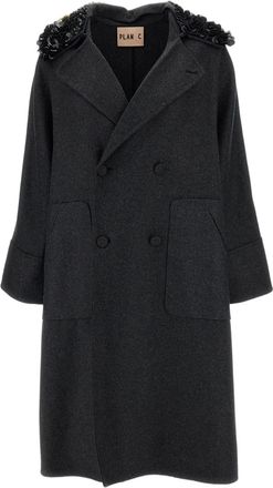 Plan C Melange Grey Sequin Collar Double-Breasted Wool Coat