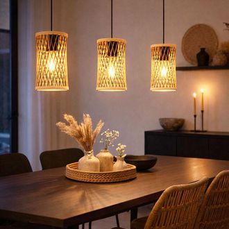 Globo Lighting Lampada a sospensione bamb&ugrave; nero Lampada a sospensione a 3 fiamme per sala da pranzo Bamb&ugrave; in vimini marrone, metallo, 3x prese E27, LxLxH 72x12x150