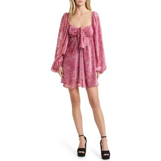 For Love & Lemons Francesca Paisley Balloon Sleeve Bow Babydoll Dress in Purple at Nordstrom, Size Large