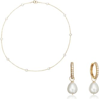 Lily & Roo Gold Diamond Style Large Pearl Hoops and Ten Pearl Choker Gift Set