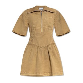 Ganni Short Dresses, female, Beige, Size: S Washed Stretch Cotton Mini Dress