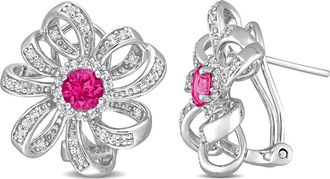 Amour 2 CT TGW Pink Topaz and White Topaz Flower Omega Clip Earrings In Sterling Silver