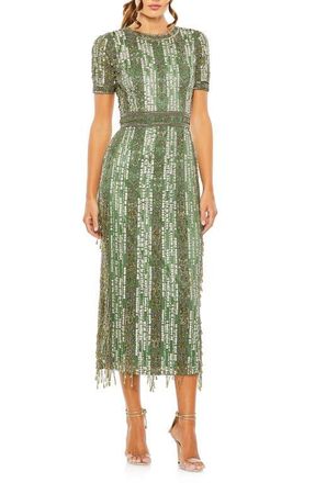 Mac Duggal Womens High Neck Short Sleeve Crystal Fringe Column Dress in Sage at Nordstrom, Size 12