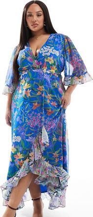 Hope & Ivy frill sleeve maxi wrap dress with tie waist in blue print