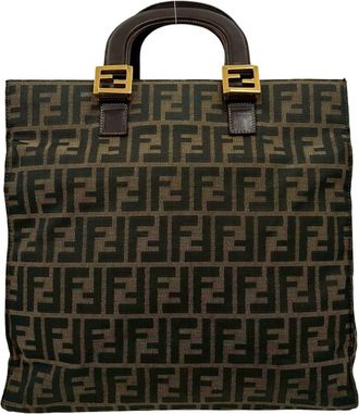 Fendi Black Brown Khaki Canvas Leather Handbag Tote Bag (Pre-Owned)