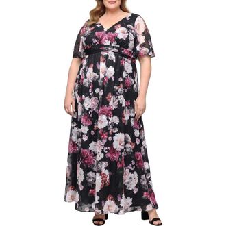 Alex Evenings Floral Flutter Sleeve Burnout Chiffon Cocktail Dress in Black Multi at Nordstrom, Size 22W