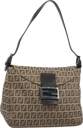 Fendi Mamma Baguette Zucca Jacquard Velvet Beige Canvas Handbag (Pre-Owned)