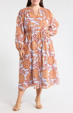 Sugarlips Siany Floral Ameni Long Sleeve Midi Shirtdress in Brown-Blue at Nordstrom, Size 2X