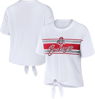 WEAR by Erin Andrews Womens WEAR by Erin Andrews White Ohio State Buckeyes Striped Front Knot Cropped T-Shirt at Nordstrom, Size Xx-Large