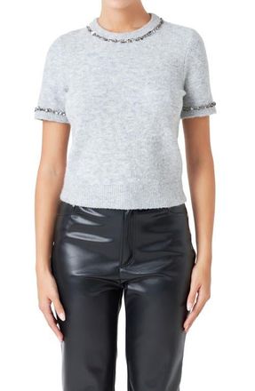 endless rose Paillette Trim Short Sleeve Sweater in Heather Grey at Nordstrom, Size X-Small
