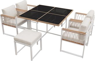 STILVORA Conjunto De Jard&iacute;n Con 1 Mesa Cuadrada, 4 Sillones Y 2 Reposapi&eacute;s, Para 6 Personas, Madera De Acacia, Rat&aacute;n Y Metal, Natural Y Blanco
