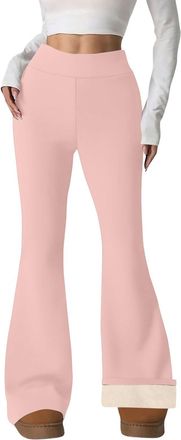 Generic Fleece Lined Leggings Women Soft Thermal Flared Leggings High Waisted Winter Warm Trousers Bottoms with Pockets (Light Pink, S)