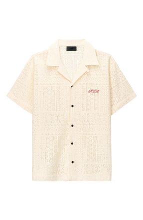 Rta Nathan Oversized Open Weave Button-Up Camp Shirt in Sand Cursive at Nordstrom, Size Xxx-Large