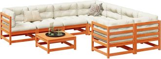 vidaXL Set De Sof&aacute;s Jard&iacute;n 9 Pzas Con Cojines Madera Pino Marr&oacute;n Cera Vidaxl
