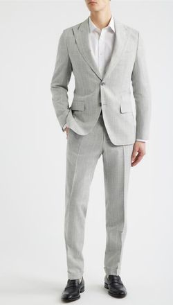 BOSS Huge Slim Fit Light Grey Stripe Peak Lapel Cotton & Wool Suit in Open Grey at Nordstrom, Size 44 Regular