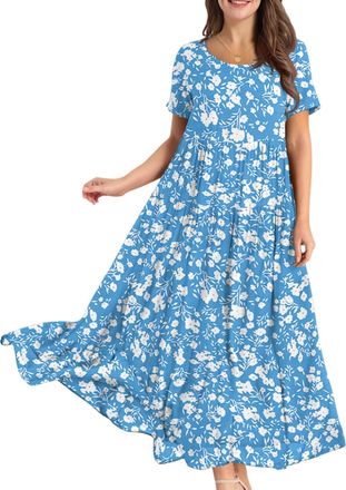 Generic Boho Dresses for Women UK, Womens Summer Maxi Boho Beach Dress Floral Print Sundress Crew Neck Short Sleeve High Waist Flowy Tiered Long Dresses 60th 