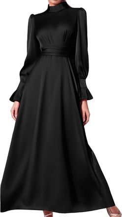 Generic Womens Satin Dress Long Lantern Sleeve Mock Neck Puff Shoulder Tie Waist Pleated Cocktail Maxi Dresses Dresses for Women UK
