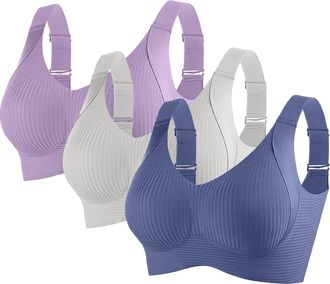 Generic 3 PC Sports Bras for Women UK Full Coverage Ribbed Seamless Bralettes Soft Breathable Lingerie Ladies Comfort Bra Athleisure Adjustable Stretch Everyd