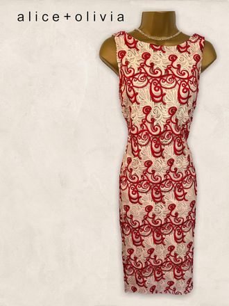 Alice & Olivia Red & white guipure lace low-back dress Size L