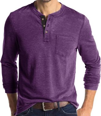 Generic Mens Long Sleeve T Shirt 3-Button Henley Shirt Vintage Grandad T-Shirts Casual Pullover Crew Neck Tee Shirts Lightweight Cotton Long Sleeve Blouse Top