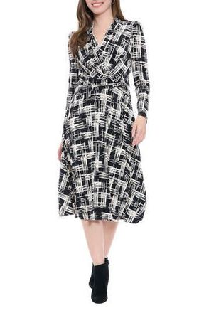 London Times Print Long Sleeve Side Twist Jersey Fit & Flare Dress in Black/Cream at Nordstrom Rack, Size 16
