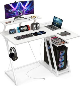 Costway Costway - Scrivania Angolare Salvaspazio, Scrivania da Gaming con Prese, Porte usb, Ripiano per Monitor, Gancio per Cuffie, Ripiano e Supporto per