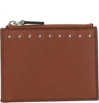 Valentino Garavani Studded Leather Cardholder Wallet - Heren - Portefeuilles - Bruin - ONE Size - Leer - Accessoires