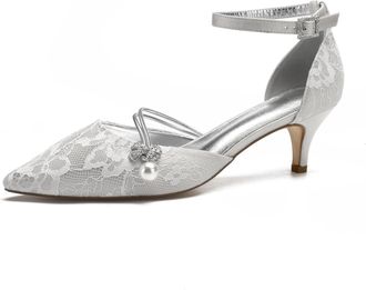 Generic Womens Lace Ankle Strap Wedding Shoes for Bride Pointed Toe Formal Prom Party Dress Comfortable Ballet Heels Shoes Pearls Ankle Strap Bridal Closed To