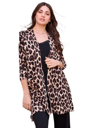 Roaman's Fine Gauge Open Front Cardigan in Oatmeal Leopard Print at Nordstrom, Size Medium