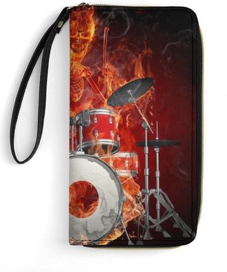 Generic Rock Roll Drums Flame Drummer Skull Womens Clutch Wallet Bifold Wristlet Long Purse Card Holder Handbag